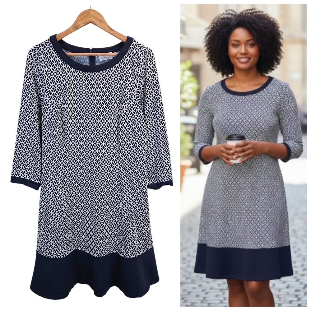 Eliza J Navy White Geometric Fit & Flare Dress Size 16 3/4 Sleeve Knit A-Line